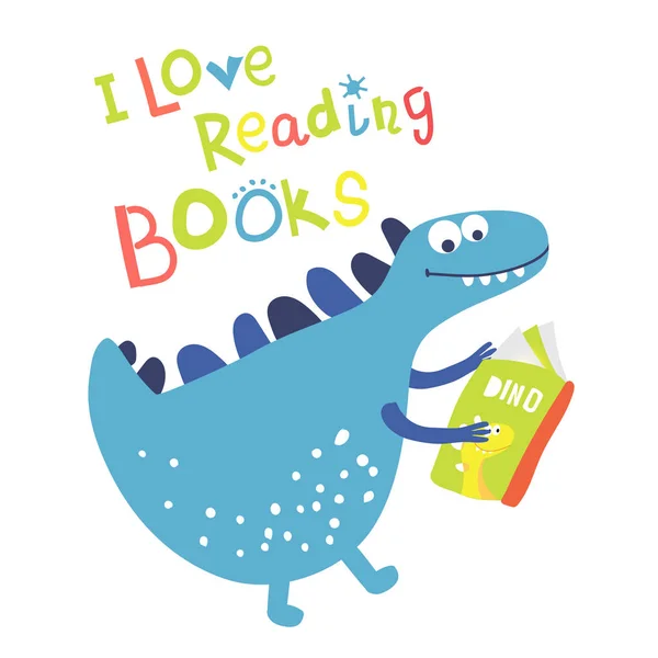 Dinosaure Lisant Livre Phrase Adore Lire Des Livres Illustration Vectorielle — Image vectorielle