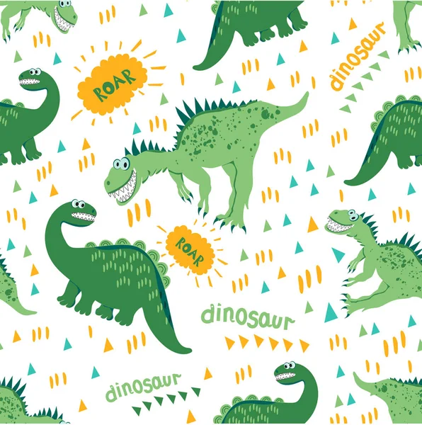 Sorunsuz dinozor desen. Yeşil Dino bir yürüyüş ve iyi bir sıcak gün tadını çıkarın. Çocuk giyim, kumaş, kartları, kitaplar, kaydı için. Çizgi roman ve karikatür tarzı