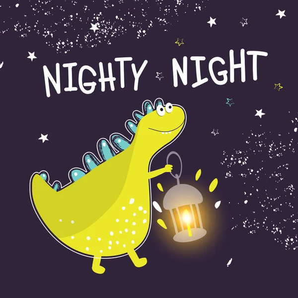 Dinosauro Carino Con Una Lanterna Augura Buona Notte Stampa Abbigliamento — Vettoriale Stock