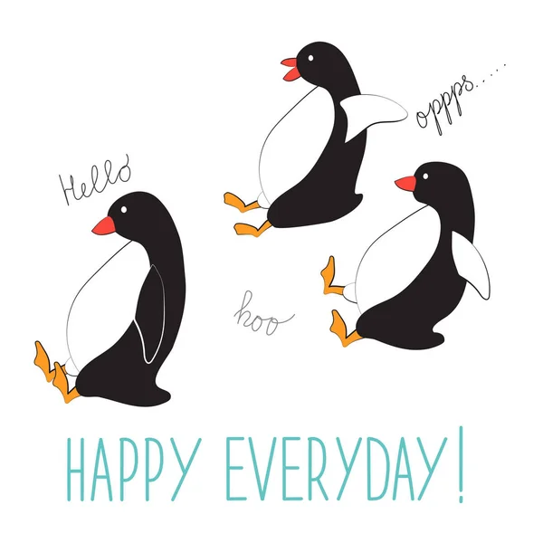 Pinguïns Rijden Heuvels Typografische Slogan Gelukkig Elke Dag Vectorillustratie — Stockvector