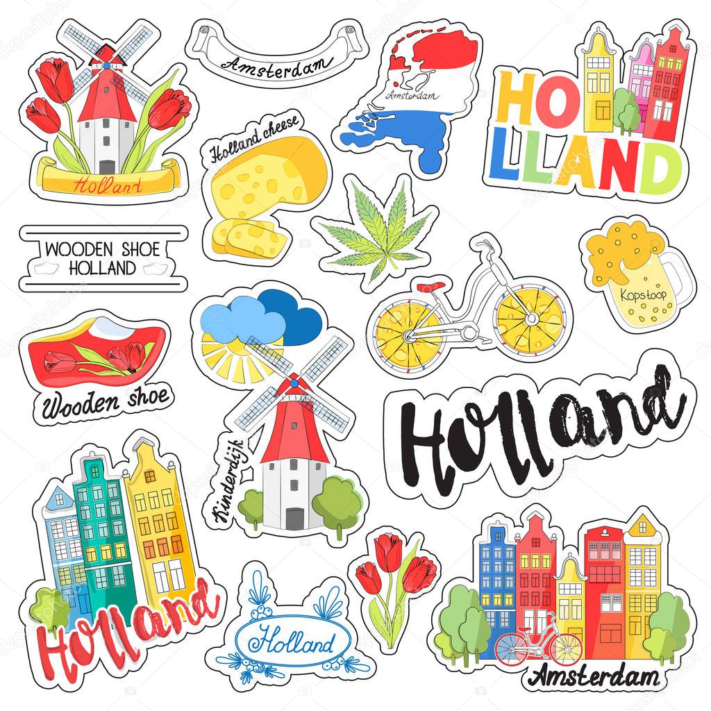 A set of stickers for design, planning summer vacation, travel, adventure or business trip. Doodle cartoon icons, the tourist sites of the Netherlands. Vector illustration