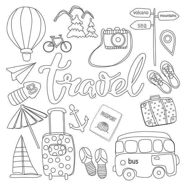 Set Elements Traveling Planning Summer Vacation Adventure Business Trip Hand — Stock Vector
