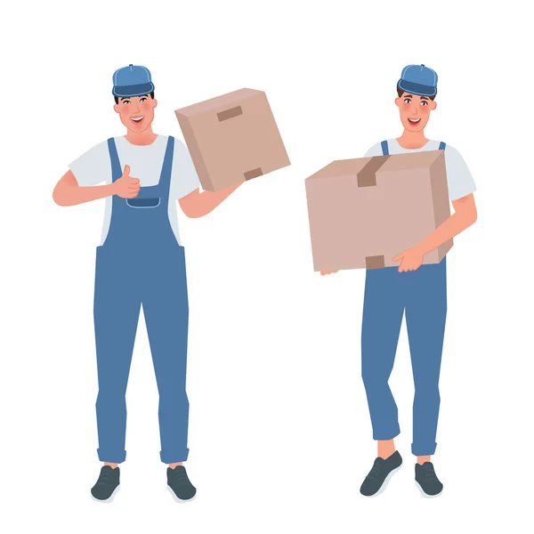 Loader in overalls picks up a box — Stock Vector