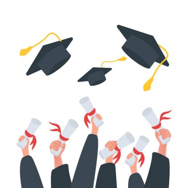 Cartoon banner graduates throw their caps and diplomas. The end of College. Vector illustration of education clipart