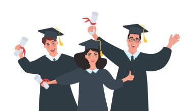 Diplomalı iki yüksek lisans öğrencisi mutlular. Üniversiteden mezun oldum. Yükseköğretim için vektör illüstrasyonu