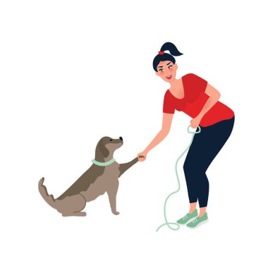 Bir kız Labrador eğitiyor. Pençeni ver. Yavru köpeğe bakmak ve onunla ilgilenmek. Vektör illüstrasyonu