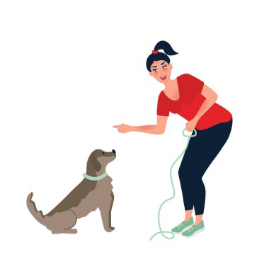Bir kız Labrador eğitiyor. Köpeğin uslu durmasını emrediyorum. Yavru köpeğe bakmak ve onunla ilgilenmek. Vektör illüstrasyonu