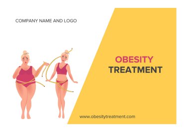 Şişman ve zayıf bir kadın obezite tedavisi öncesi ve sonrasında. Ağırlık düzeltme alanındaki bir kliniğin kartviziti ya da afişi. Vektör illüstrasyonu