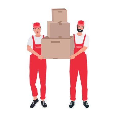 Tulumlu ve kutuları olan kuryeler. Kurye teslimat servisi. Meslek yükleme ve boşaltma operatörü. Vektör illüstrasyonu