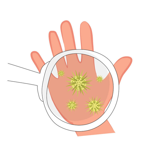 Huge bacteria and micro-organisms in the palm of your hand under a magnifying glass. Skin diseases and infection through dirty hands. Vector illustration