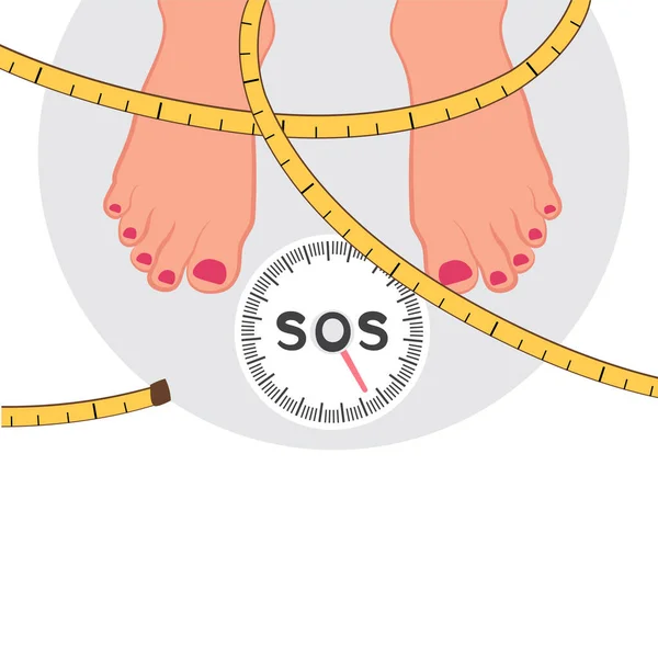 Fat Woman Measures Her Waist Weighing Scales Control Body Weight — Stock Vector