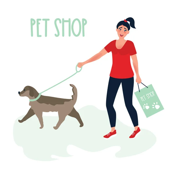 女の子は動物店から犬を買いに行く 紐の上を歩くペット 動物店のベクターイラスト — ストックベクタ