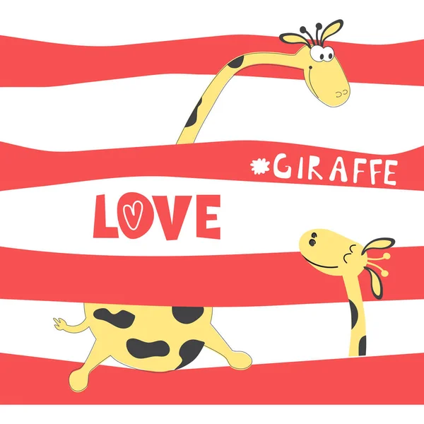 Romantische Giraffen Een Gestreepte Achtergrond Het Woord Liefde Tekening Van — Stockvector