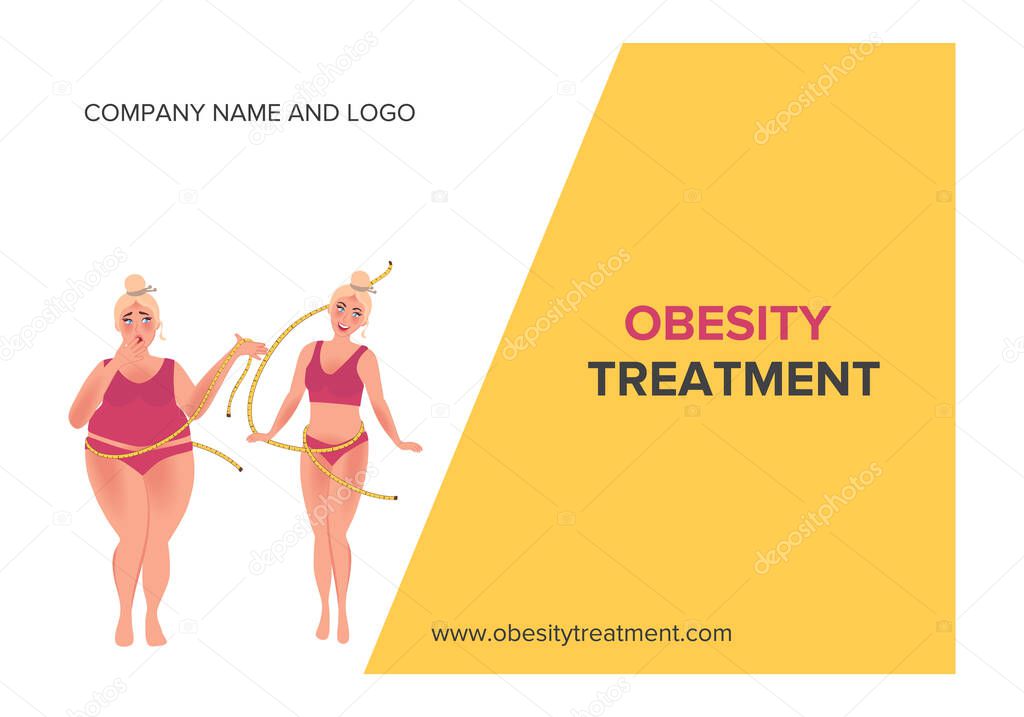 Fat and slender woman before and after treatment for obesity. Template for a business card or banner of a medical clinic in the field of weight correction. Vector illustration