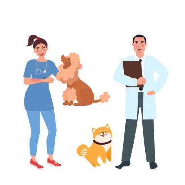Doktor veterinerler hayvanları inceler. Evcil hayvan bakımı ve tedavisi kavramı. Kişinin mesleğinin vektör illüstrasyonu