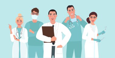 Bir grup doktor baş doktorla birlikte. Cerrah ve anestezi uzmanı. Tıbbi uzmanlık alanı. Tıbbi mesleklerin vektör illüstrasyonu