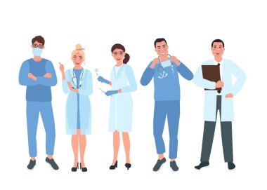 Tıp üniformalı birkaç doktor. Tıbbi uzman. Sağlık hizmetlerindeki insanların vektör illüstrasyonu