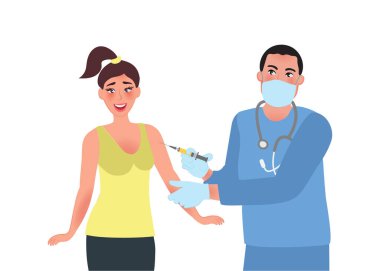 Terapist, hastayı bulaşıcı hastalıklara karşı bir aşı haline getiriyor. İlaç ve sağlık hizmetlerinin vektör illüstrasyonu