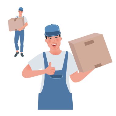 Kutuyu yükleyen adam kutuyu tutuyor ve bir jest yapıyor. Çalışkan adamın vektör çizimi