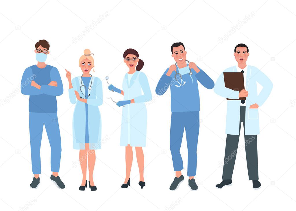 Several doctors in medical uniforms. Medical specialist. Vector illustration of people in healthcare