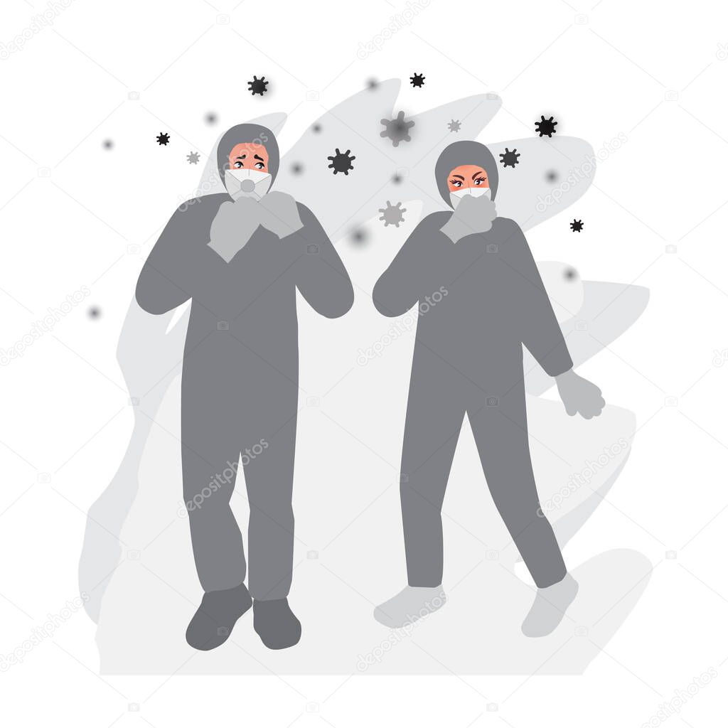 Rescuers in gas masks and radiation protective suits. Radioactive chemical pollution of the environment. Emergency, accident. Vector illustration