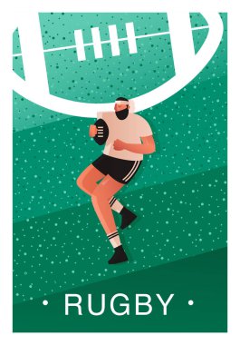 Bir rugby şablonu ya da rugby turnuvasına davetiye. Bir ragbi oyuncusu elinde topla saldırır. Karışık sporların vektör illüstrasyonu