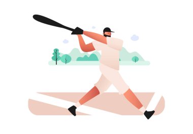 Beyzbol sopalı bir oyuncu saldırıya hazırlanıyor. Top ve sopayla oynanan spor maçı. Takım sporlarının vektör illüstrasyonu