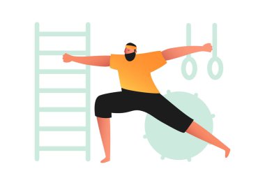 Sportif bir adam yoga pozisyonunda, spor salonunda tişört ve taytla duruyor. Fitness esnemesi. Sağlıklı ve aktif bir yaşam tarzıyla ilgili çizgi roman tarzındaki çizimler