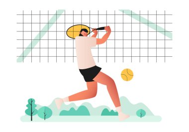 Profesyonel bir tenisçi kortta tenis oynar. O, bir raketle topa vurmaya hazırlanıyor. Top havada süzülüyor. Spor oyunlarının vektör illüstrasyonu