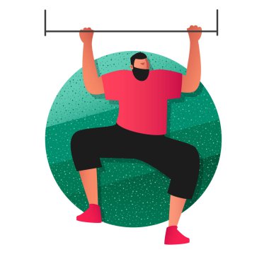 Atletik bir erkek sporcu direkte barfiks çekiyor. Tişört ve şort giymişti. Güç egzersizlerinin vektör illüstrasyonu