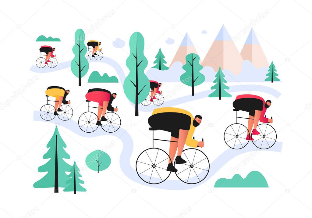 A bicyclist-biker overcomes cross country in a mountainous area. Cross-country mountain Biking. Vector illustration of extreme sports