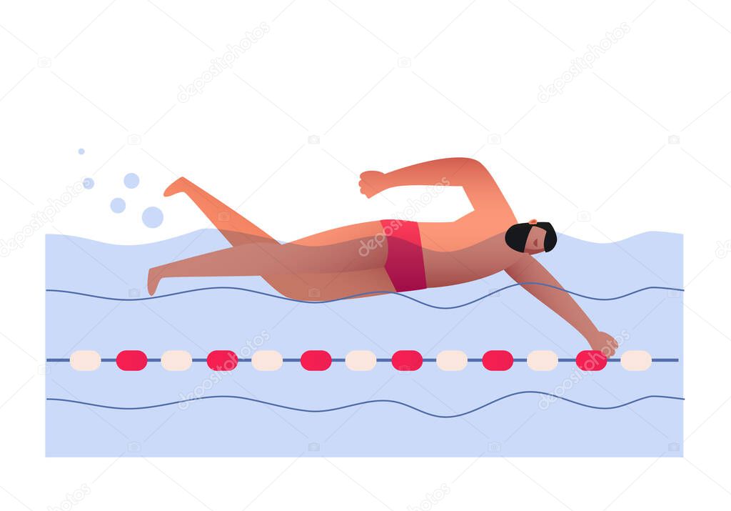 An athlete-swimmer swims in the pool, performs a crawl. Sports swimming in the distance. Vector illustration of a water sport