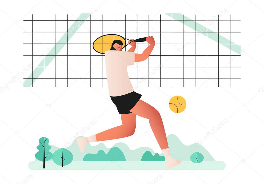 A professional tennis player plays tennis on the court. He is preparing to hit the ball with a racket. The ball is flying in the air. Vector illustration of sports games