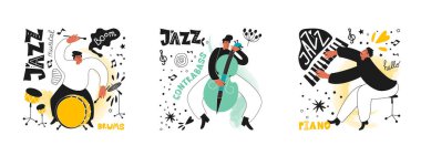 Bir grup caz insanı. Müzisyenler davul, piyano ve bas çalar. Caz tarzında yazılar ve cümleler. Çizgi roman tarzında vektör müzik posterleri