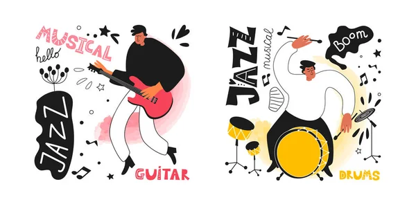 Set Jazz Musicians Drummer Guitarist Style Comic Book Jazz Instruments — Stock Vector