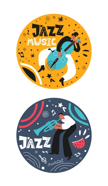 Musical Set Jazz People Musicians Play Trumpet Double Bass Stylish — Stock Vector