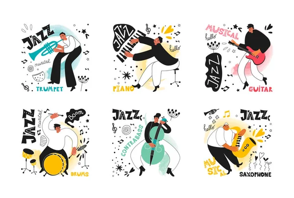 Set Jazz Musicians Orchestra Trumpeter Saxophonist Drummer Guitarist Double Bass — Stock Vector