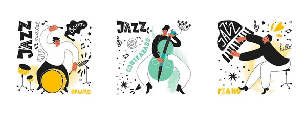 Sada Jazzových Lidí Hudebníci Hrají Bicí Klavír Kontrabas Inscenace Fráze — Stockový vektor