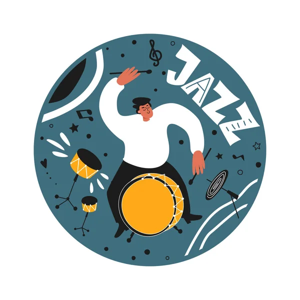 Jazztrummis Med Trumset Jazzfestival Vektor Illustration Musikalisk Stil — Stock vektor