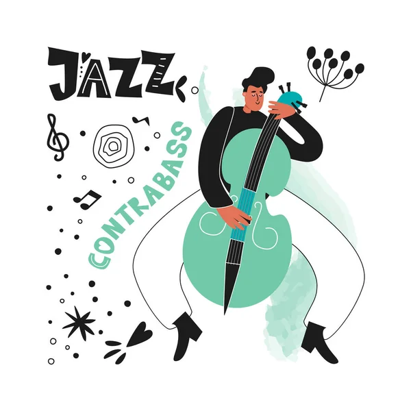 Double Bassist Jazz Musician Plays Instrument Double Bass Jazz Poster — Stock Vector