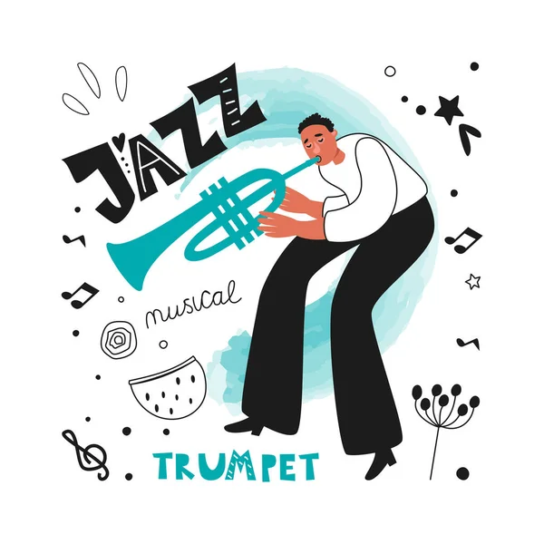 Jazz Musician Trumpeter Performs Musical Melody Jazz Trumpet Vector Illustration — Stock Vector
