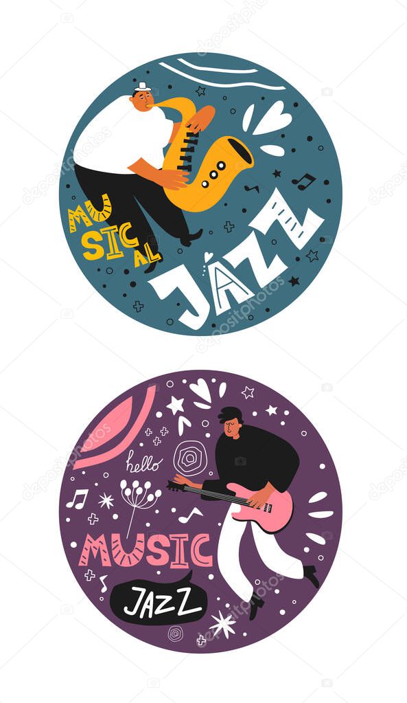 Music set of a jazz orchestra. Musicians play jazz instruments. Stylish jazz lettering. Vector music logos for printing products