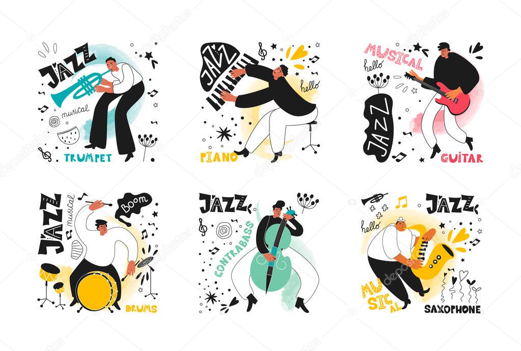 Set of jazz musicians of the orchestra. Trumpeter, saxophonist, drummer, guitarist, double bass player, pianist. Vector musical instruments. Illustrations in the style of comics