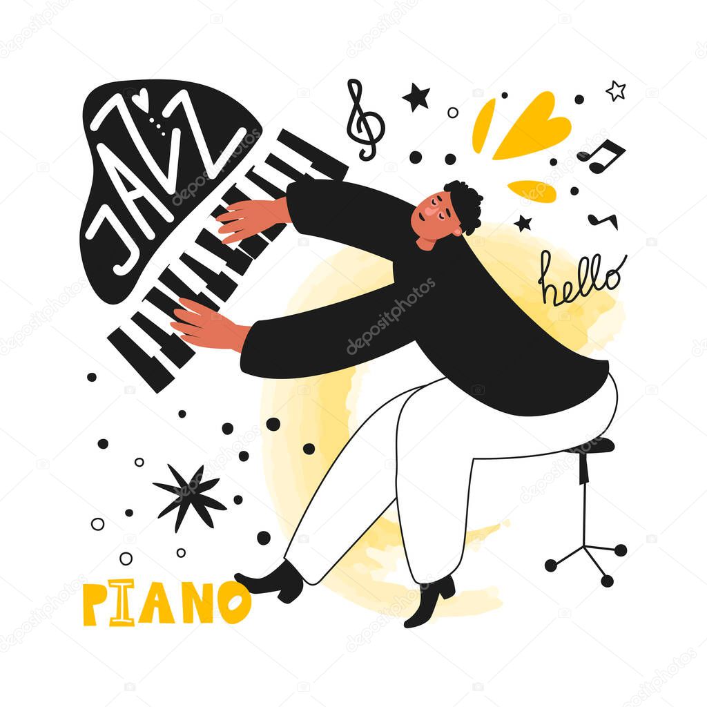 A jazz pianist performs a musical melody. Jazz piano. Vector illustration of a musician in a tuxedo