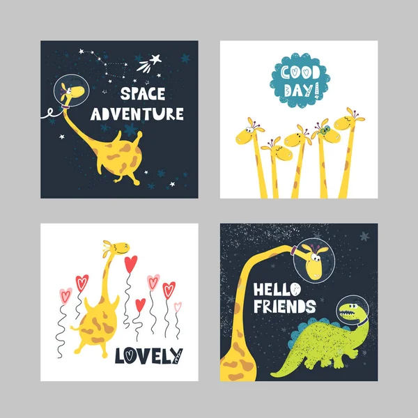 Ensemble Illustrations Girafes Mignonnes Avec Des Dinosaures Des Phrases Écrites — Image vectorielle