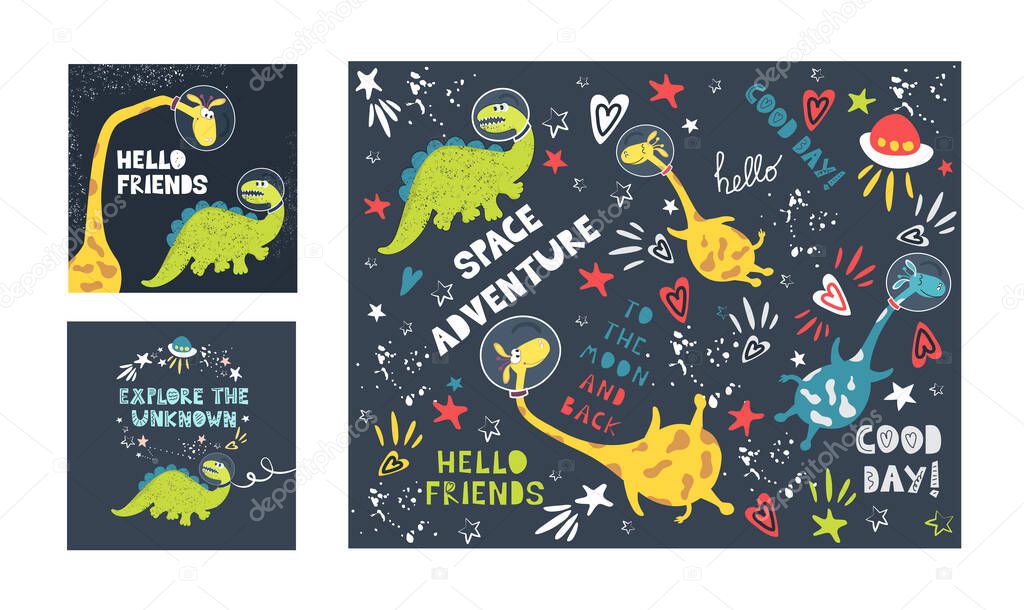 A set of illustrations of cute giraffes with dinosaurs and written phrases in the space style. For printing on children's clothing, bedding, paper, and packaging. Drawn vector images