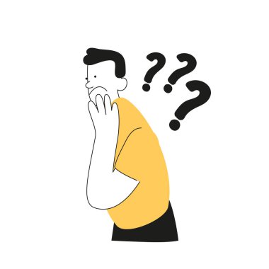 Eli çenesinde, soru sormayı düşünen düşünceli genç bir adam. Soru, düşünce konsepti, beyin fırtınası. Bir sorunu çözmek, fikir aramak. Basit vektör illüstrasyonu