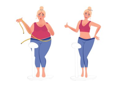 Terazide şişman ve narin bir kız. Obezite tedavisi, kilo kaybından önce ve sonra vücut sonuçları. Kilo verdiğinde kilo kaybı. Kilo kaybının vektör çizimleri