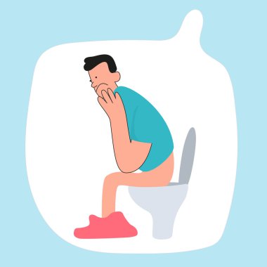 Tuvaletteki adam kabız olmuş. İnsanlarda dışkı sorunu. Gastroenteroloji tıbbi posterlerinin vektör çizimi