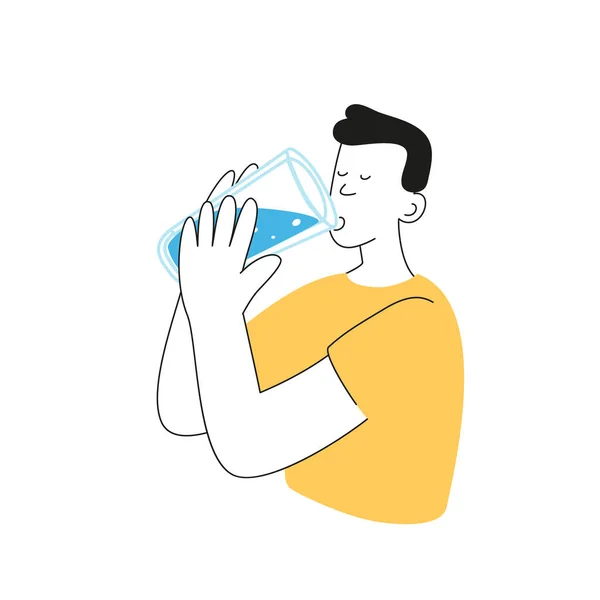 Hombre Bebe Agua Vaso Apagando Sed Vida Sana Cuidado Salud — Archivo Imágenes Vectoriales